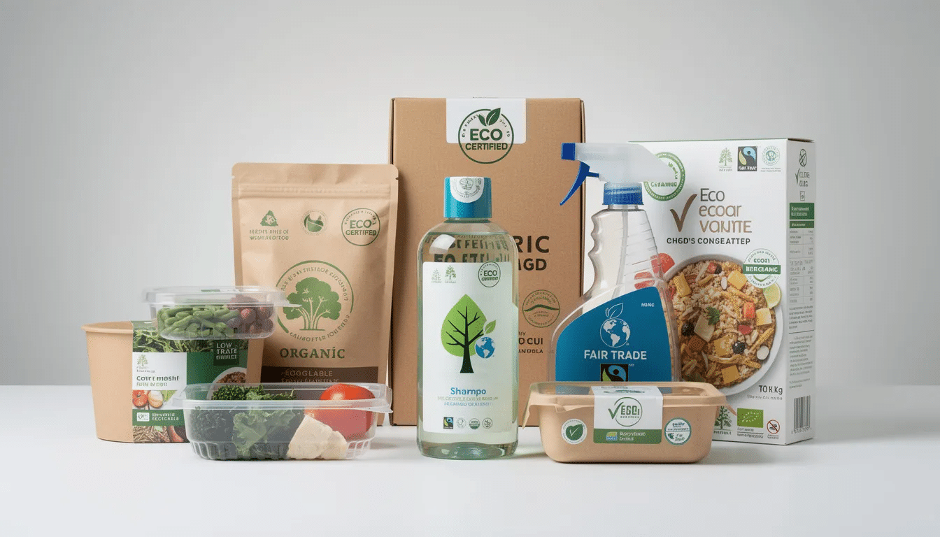 5b1b12a3-f001-4f67-84ee-2db56b1442ef The image showcases a variety of internationally recognized eco-labels and certification symbols prominently displayed on product packaging, emphasizing their commitment to environmentally friendly practices. These labels highlight sustainable products that aim to reduce carbon emissions and promote a healthier natural environment for future generations.