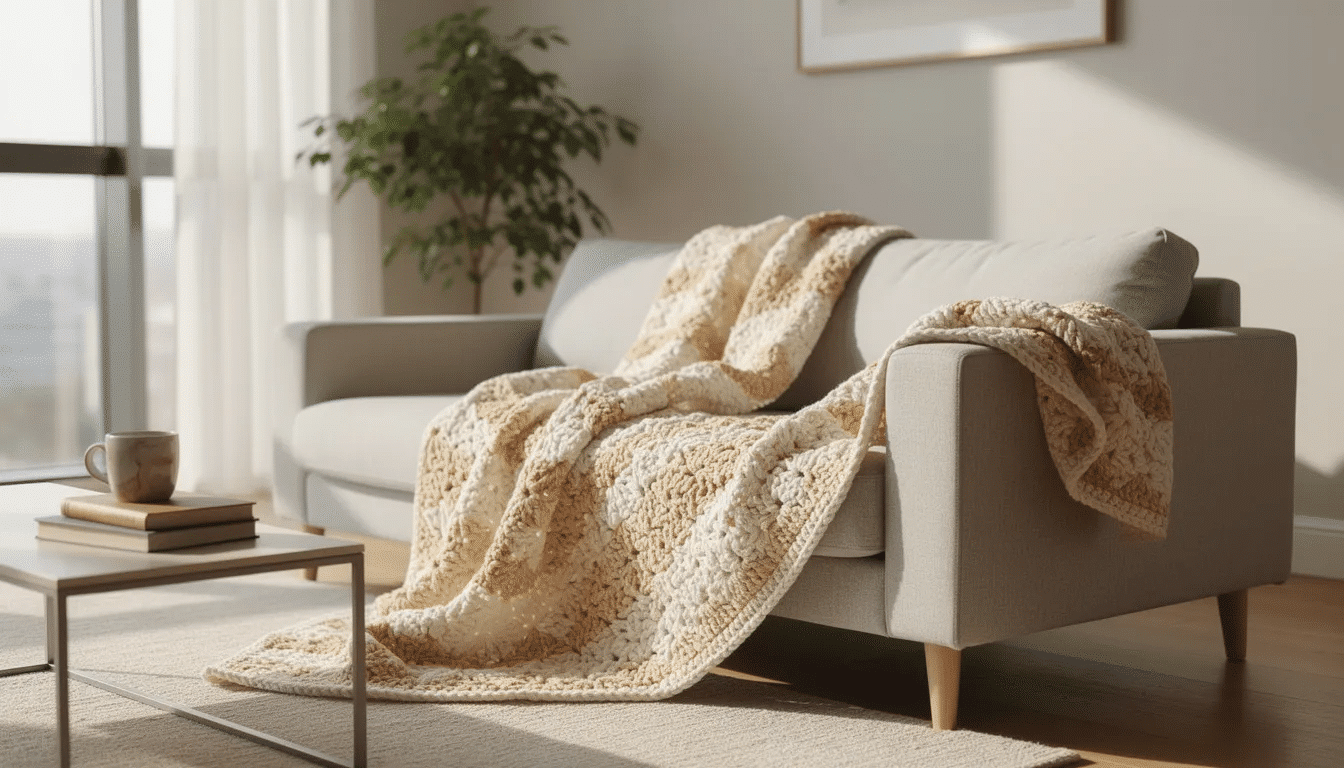 5bd4583c-e3cf-457a-9f8e-b214b0c9f114 A cozy crocheted throw blanket in soft wool is elegantly draped over a modern sofa in a bright living room, inviting customers to explore the quality products available at the crochet online store. The warm colors and textures create a welcoming atmosphere perfect for relaxation.