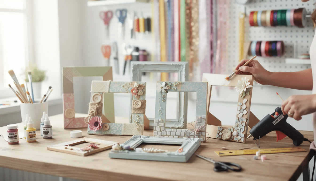 The image showcases a creative display of upcycled picture frames, including repurposed old frames transformed into a stylish collage frame for a gallery wall. Various textures and colors are used to decorate the frames, making them a beautiful addition to home decor that holds cherished photos and keepsakes.