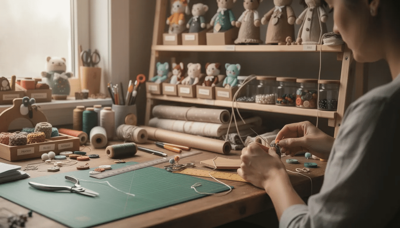 A crafter is diligently working at a well-organized workspace, surrounded by a variety of handmade products in different stages of completion, showcasing the creativity involved in running a handmade business. The scene reflects the essence of selling handmade crafts online, with supplies neatly arranged, highlighting the process of crafting items for an online store or craft fairs.