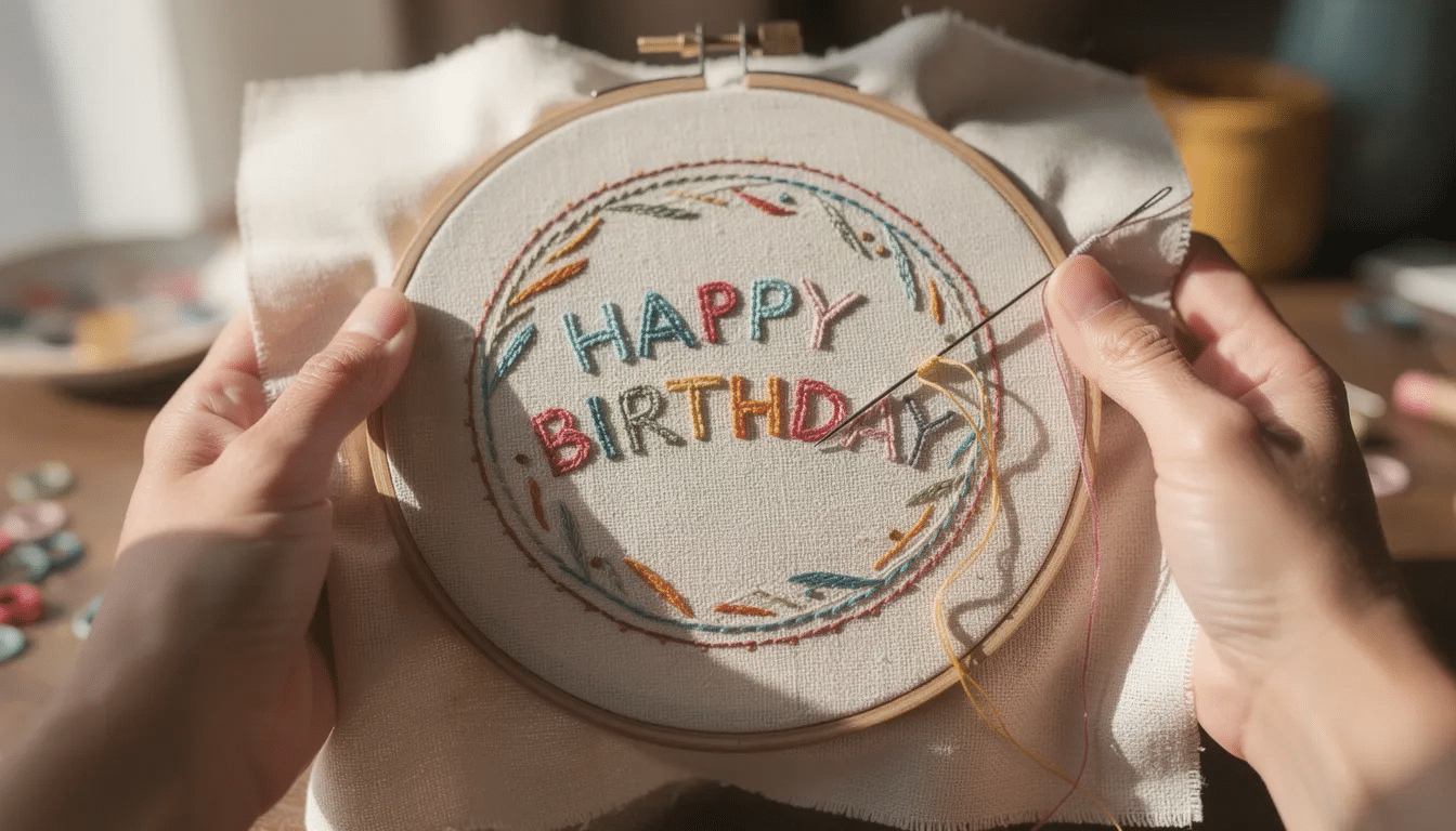 5d1b5460-d1ff-453d-858f-ec52edb9e75a A pair of hands holds an embroidery hoop featuring a partially completed handmade birthday badge, with stitched letters in blue and white, perfect for a birthday boy or girl. The image captures the intricate details of the badge, showcasing the craft of creating personalized birthday items.