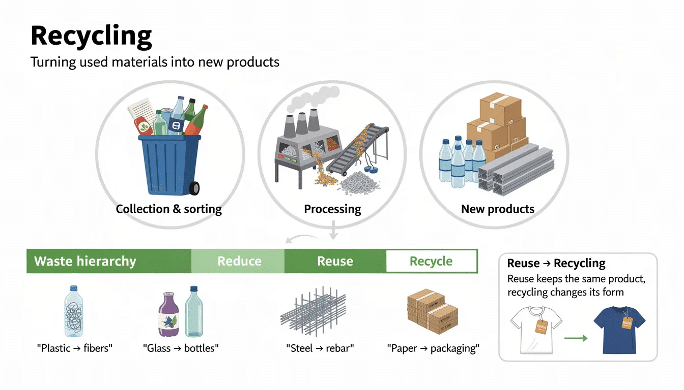 An informative illustration depicts the recycling process, showcasing various recyclable materials such as plastic bottles, glass bottles, and paper being collected and processed into new products. The image highlights the transformation of waste materials into raw materials that manufacturers can use, emphasizing the importance of recycling in reducing pollution and conserving resources.