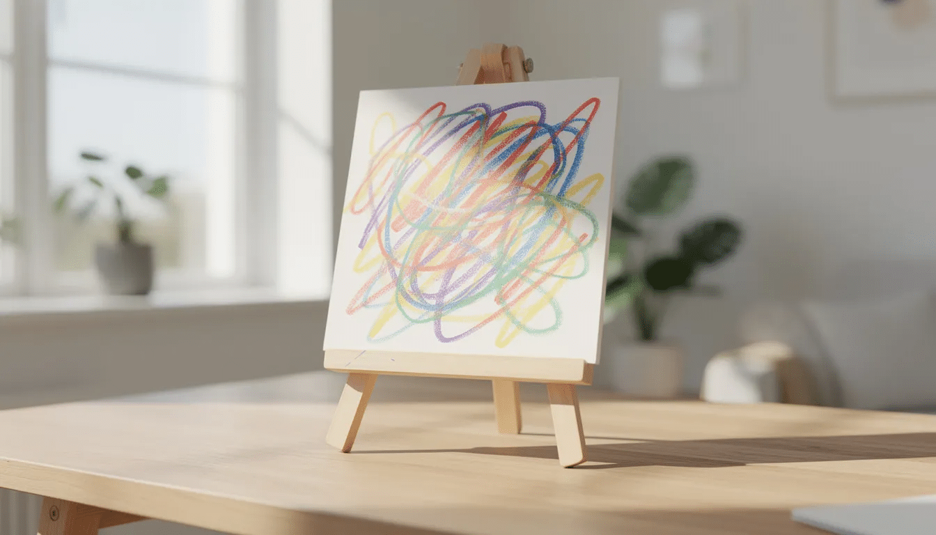 A small easel stands in a bright room, showcasing colorful scribbles on paper created by little artists. This vibrant scene highlights the joy of creating art with baby art supplies, encouraging creativity and fine motor skills in younger children.