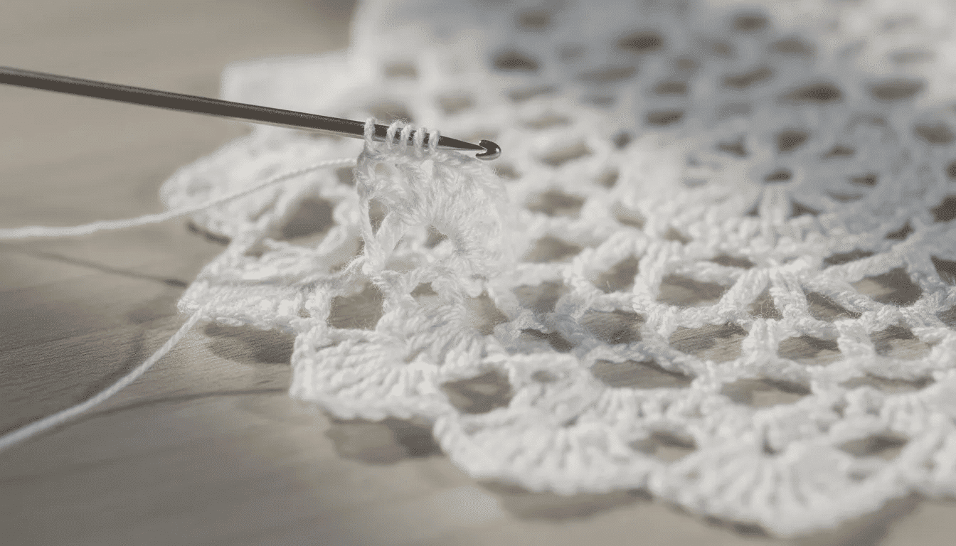 61170358-4f74-40cd-b092-496364869754 A delicate white lace doily is being crocheted with a steel crochet hook and fine thread, showcasing intricate stitches and patterns. The scene highlights the use of a smaller hook size, emphasizing the precision needed for this detailed crochet project.