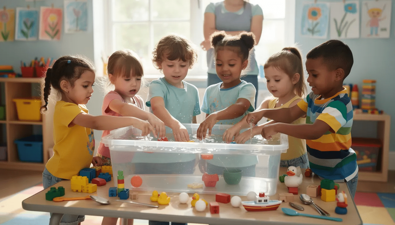 Six young children play with floating toys in a clear plastic tub of water in a brightly lit classroom, while an adult stands behind them. Colorful blocks and toy boats are scattered on the table around the tub. A group of preschool children are gathered around a water table, eagerly testing various objects to see which ones sink or float. This hands-on science activity encourages young children to explore basic science concepts and develop critical thinking skills through inquiry and simple experiments.