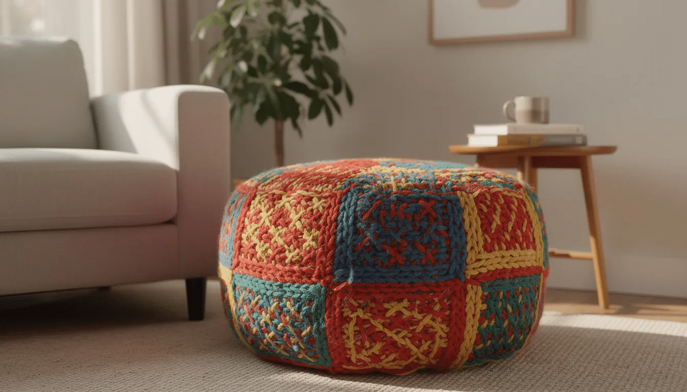 62391e6c-d34f-4ae7-8688-15f671774663 A round ottoman, covered in vibrant, colorful knit fabric, is positioned in the corner of a cozy living room, adding a playful touch to the space. This unique piece of furniture showcases the creative use of recycled materials, making it a charming addition to any home.
