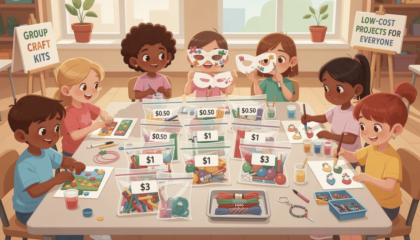 The image showcases a colorful assortment of budget-friendly craft kits designed for children aged 5 to 12, including foam sticker scene kits, paper mask decorating kits, and wooden ornament painting sets. These high-quality materials are perfect for engaging multiple kids in creative group projects, making crafting fun and affordable.