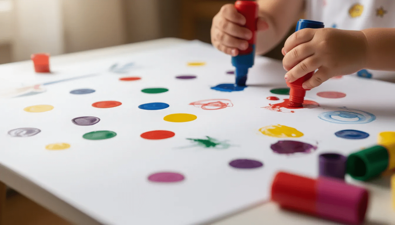 A toddler's small hands are pressing vibrant dot markers onto a large sheet of white paper, creating colorful patterns and shapes. This engaging art activity encourages creativity and helps develop fine motor skills in younger children.