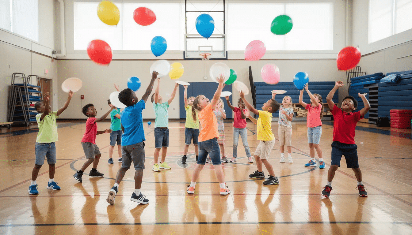 A group of younger kids in a gymnasium are actively hitting colorful balloons into the air while holding paper plates, engaging in fun indoor recess activities that promote gross motor skills and teamwork. The lively atmosphere showcases students moving and enjoying their free time together.