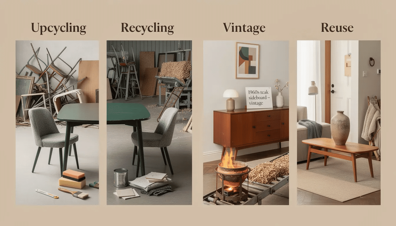 The image illustrates the concepts of upcycling, recycling, vintage, and reuse in the context of furniture. It features a beautifully upcycled dining table from the 1980s, showcasing a fresh coat of paint and paired with newly upholstered chairs, representing how old furniture can gain a new lease on life through creative transformation.