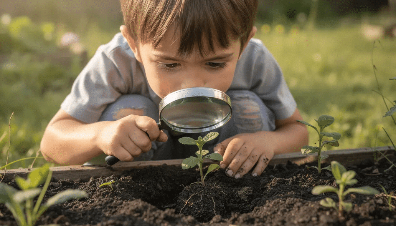 6998a0f3-d72d-479a-a21f-e219e3054645 A child is crouching outdoors, intently examining soil and nearby plants with a magnifying glass, engaging in a hands-on STEM activity that encourages exploration and critical thinking about the natural world. This fun outdoor experiment invites young learners to discover the properties of different materials and observe the intricate details of nature.