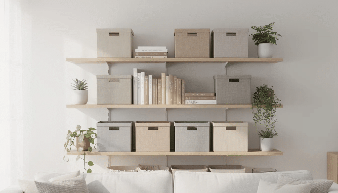 The image features open shelving adorned with coordinated fabric storage baskets in neutral tones, neatly arranged alongside a collection of books and green plants, creating an organized and inviting space for families. The baskets serve as ideal storage solutions for toys and other items, contributing to a tidy home environment.