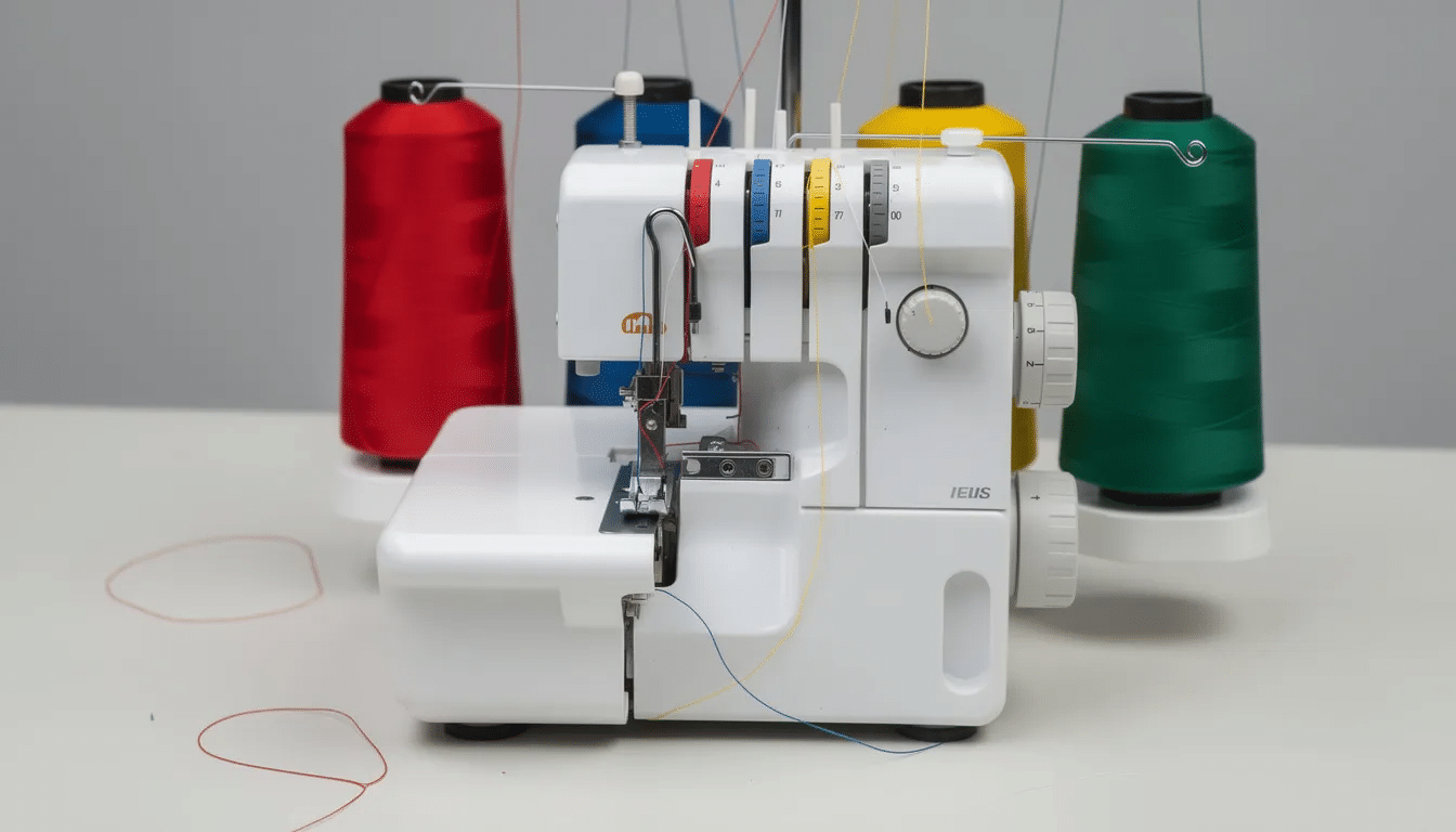 6abd424a-7002-481f-a7eb-8dfd3c7c2ef2 A close-up view of a serger sewing machine featuring four colorful thread cones, ideal for sewing knits and stretchy fabrics. This machine is essential for creating professional seams in garment making and is often recommended as the best sewing machine for beginners and experienced sewists alike.
