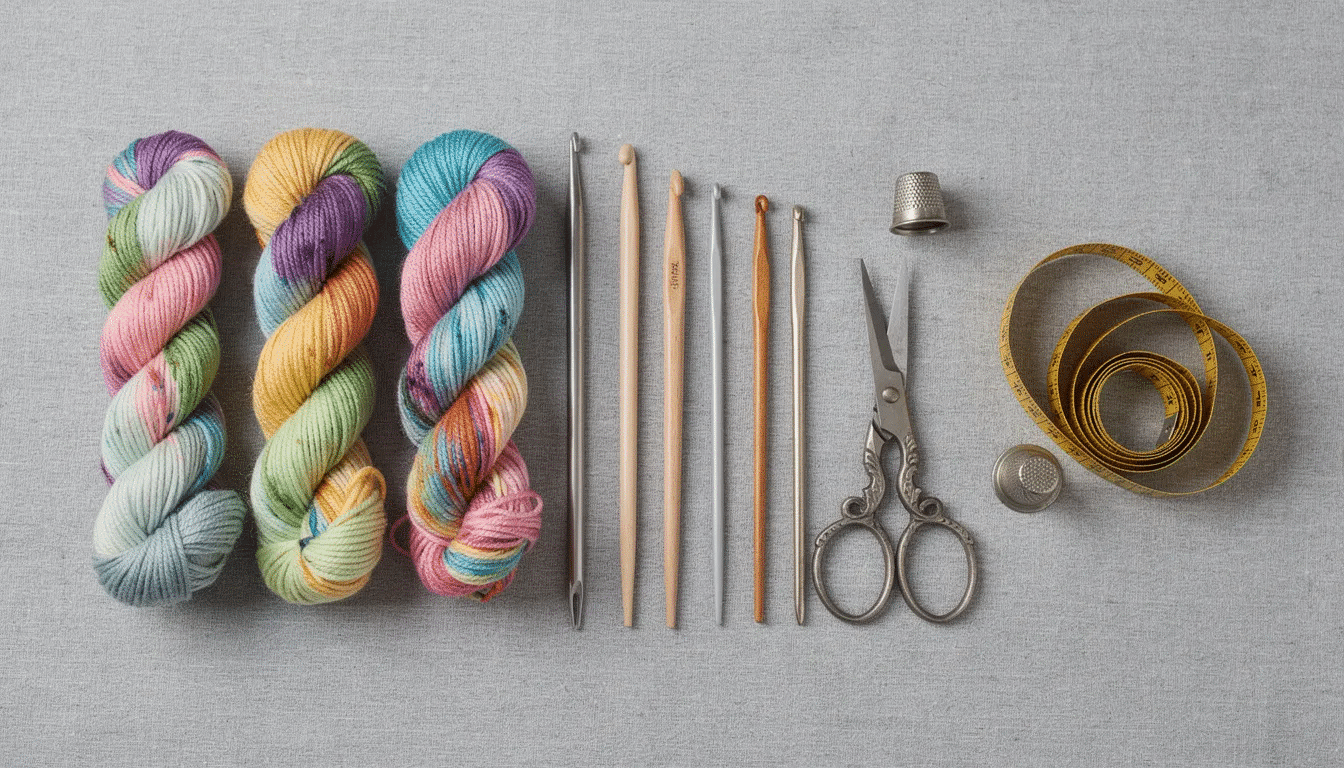 A flat lay photograph showcases a collection of colorful yarn mini-skeins, various sizes of needles, small scissors, a measuring tape, and a thimble arranged neatly on a light gray fabric background, perfect for a handy sewing kit or crafting supplies. This image highlights essential tools for sewing, knitting, and embroidery, making it ideal for crafters and beginners alike.