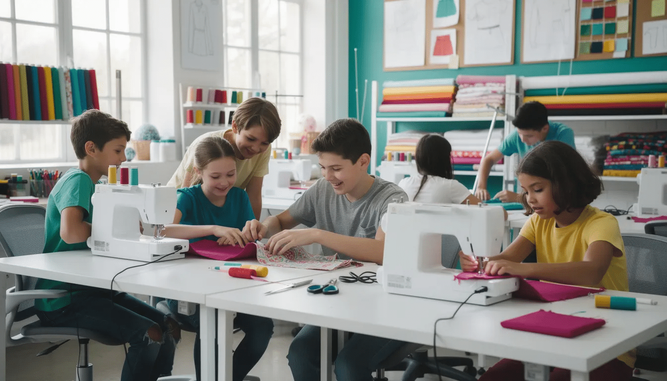6bba10e8-53c2-4e1f-bde1-6fca78bf4986 The image shows a group of excited children working together at sewing machines in a vibrant studio, engaged in various sewing projects that enhance their creativity and life skills. They are learning the basics of sewing while having fun with friends during a summer camp program.
