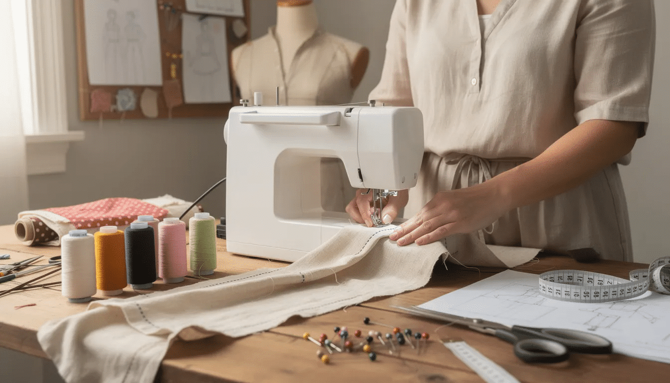The image showcases a person at a sewing machine, surrounded by various sewing tools and quality fabric, as they work on a sewing project. They appear focused on following a sewing pattern, highlighting the process of improving sewing skills through practice and new techniques.