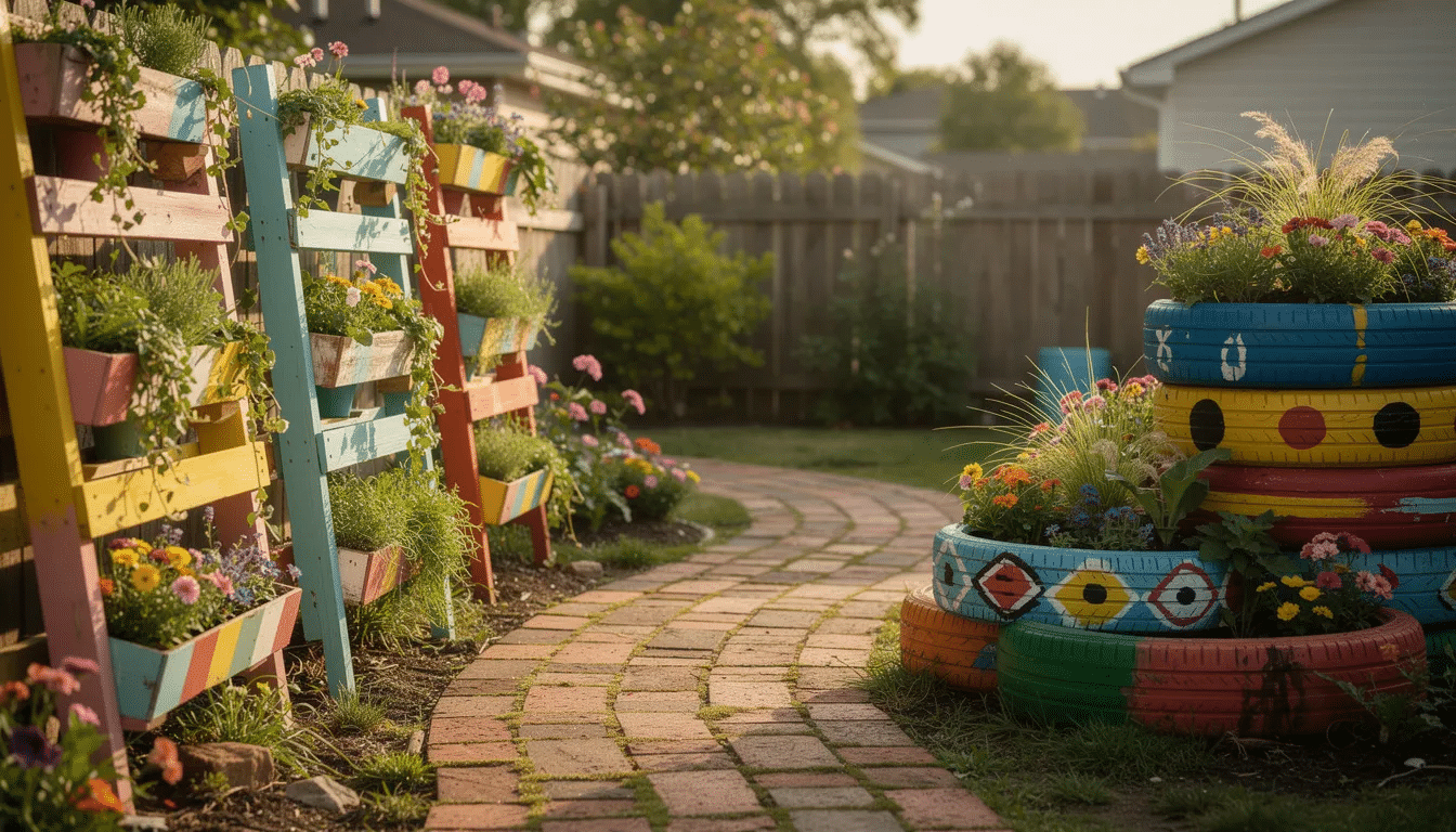6c333e86-6264-40e6-aacb-9fd007c51211 The image depicts a vibrant backyard garden featuring colorful repurposed pallet planters, creatively painted tire planters, and a charming brick pathway, showcasing various upcycling ideas that add character to the outdoor space. This inviting scene embodies a sustainable approach to home decor, transforming old items into beautiful garden accents.
