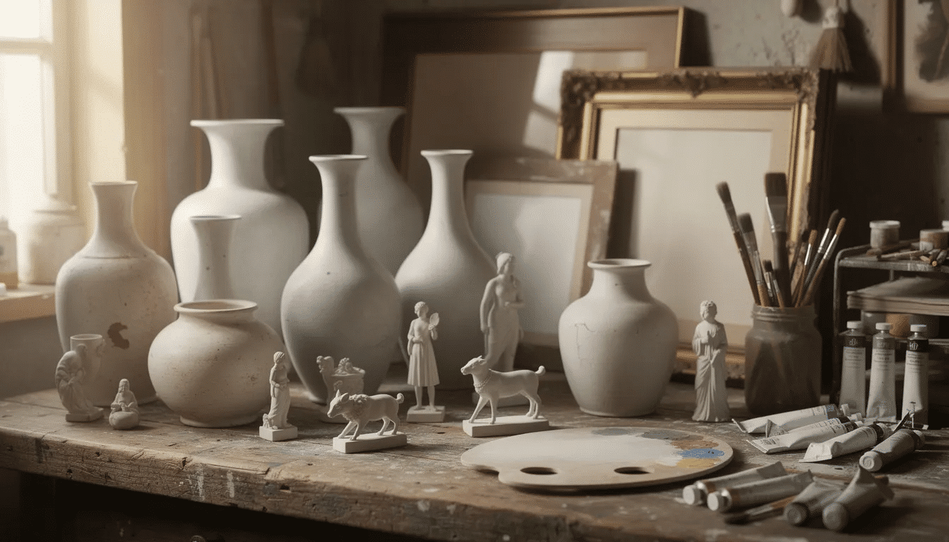 6fff1e37-1107-4118-95c6-8acb18487b16 A collection of vintage vases, ceramic figurines, and old frames is neatly arranged on a wooden table, all set for a creative upcycling project with fresh chalk paint. These thrift store finds are ready to be transformed into charming home decor pieces, showcasing the endless possibilities of DIY creativity.