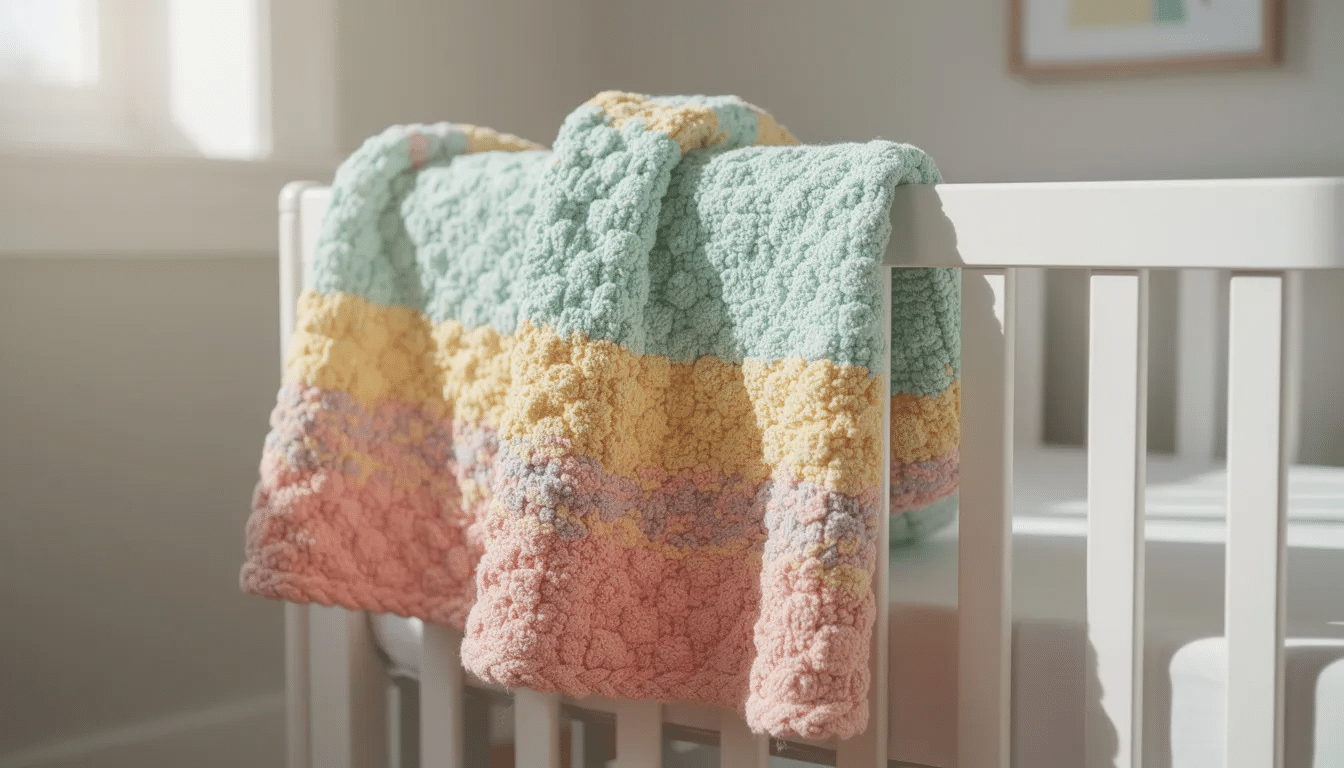 70de0162-9488-4d7e-9846-198039e4dc43 A soft pastel baby blanket made with a moss stitch is elegantly draped over the side of a white crib, showcasing its delicate texture and lightweight yarn. The blanket, perfect for home decor, highlights the beauty of basic crochet stitches and adds a cozy touch to the nursery.