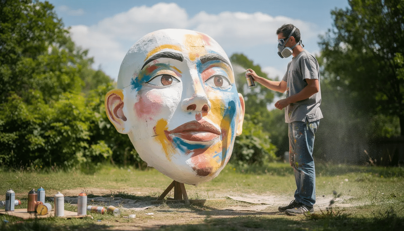 A person is spray painting a large paper mache mask outdoors on a sunny day, using best quality spray paint to apply light coats for a smooth finish. The vibrant colors are being added in layers, showcasing the artistic process of creating this unique sculpture.
