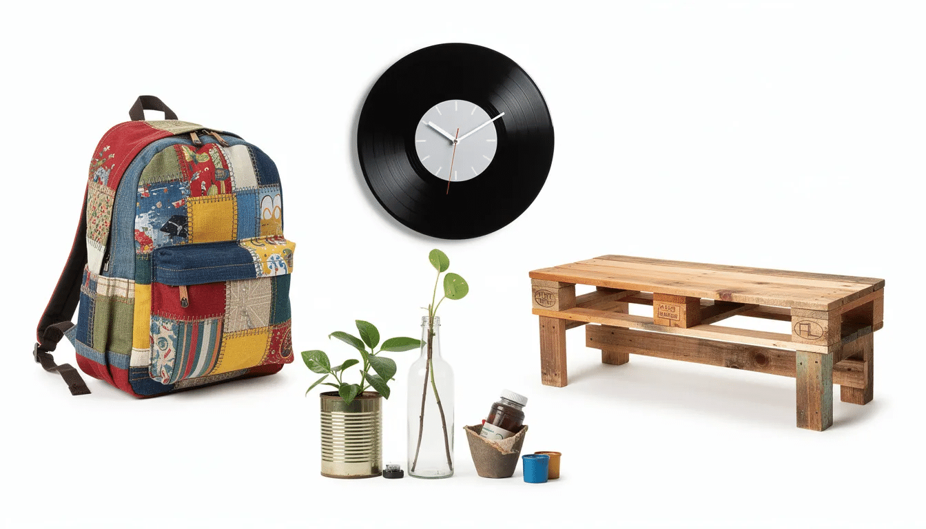 743b4397-8b64-4713-9d13-e934a034560d The image features a vibrant collage of upcycled products, including a colorful backpack, a vinyl record clock, and a wooden bench, showcasing the creative reuse of materials that helps reduce waste and supports environmental sustainability. This collection highlights the impact of upcycling, encouraging people to invest in innovative items that contribute to a greener future.