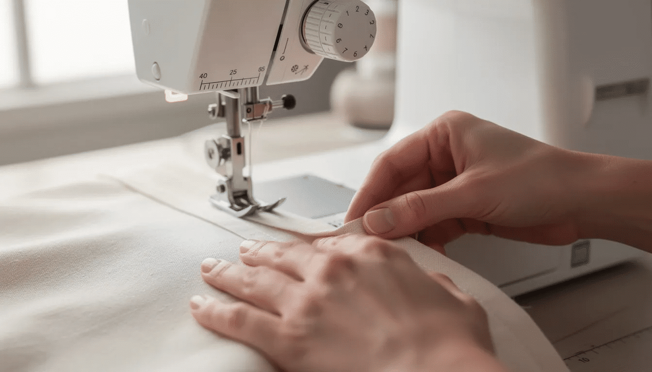 74b3049a-451d-4005-a7a8-27c6713660b9 A pair of hands is adjusting the stitch length dial on a sewing machine, with a piece of fabric placed underneath the presser foot. This versatile sewing machine is likely being prepared for basic sewing tasks, ensuring quality stitch performance for various projects.