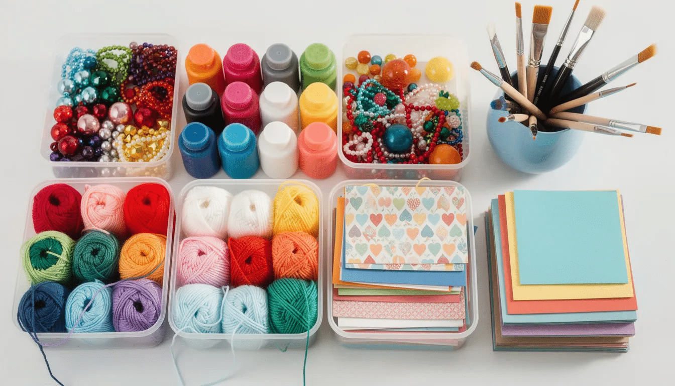 An organized collection of colorful craft supplies is displayed in small containers, featuring beads, paint bottles, brushes, yarn, and paper, perfect for creative projects that encourage self-expression and develop fine motor skills. This vibrant assortment offers endless possibilities for fun and artistic expression for kids and adults alike.