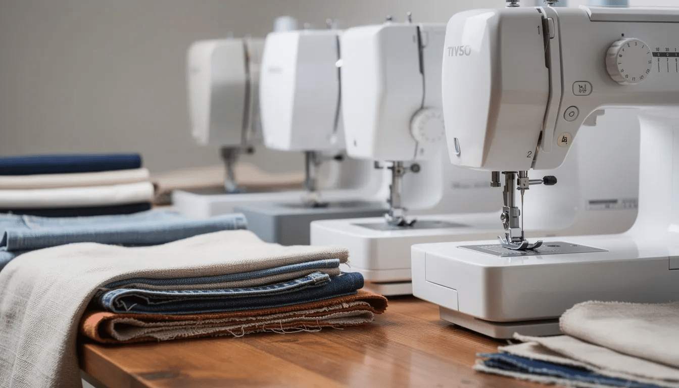 77e8e20f-a4db-4341-9093-42a3219cfc63 The image features a close-up view of several modern sewing machines, including computerized models and mechanical machines, neatly arranged on a wooden table alongside various fabric samples. This display highlights the versatility and features of these popular sewing machines, such as automatic needle threaders and adjustable presser foot pressure, ideal for both basic sewing and more complex projects.