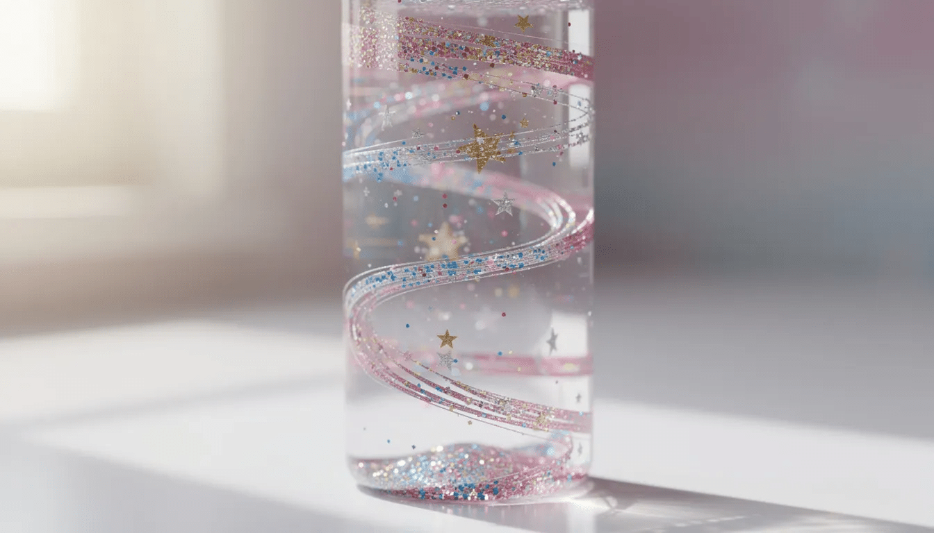 A colorful glitter sensory bottle is filled with liquid that swirls slowly, creating a mesmerizing visual effect perfect for sensory exploration. This sensory art activity encourages fine motor skills and provides a multi-sensory experience, making it an enjoyable tool for children, especially those with sensory processing issues.