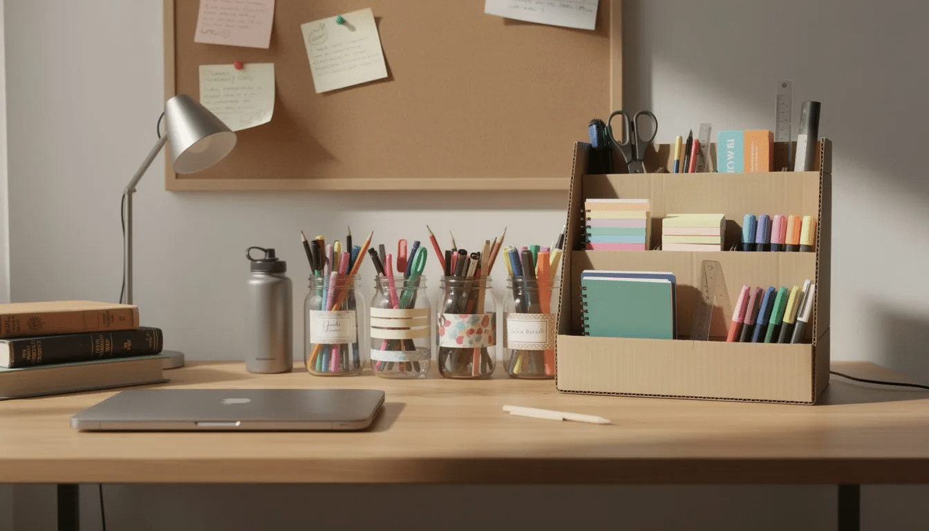 794da130-f0aa-4d7c-bc0c-272117a1a8a8 The image features an organized college dorm desk, showcasing upcycled glass jar pen holders and a cardboard organizer filled with various supplies, highlighting creative upcycling projects for students. The arrangement emphasizes a tidy workspace, perfect for studying and creativity.