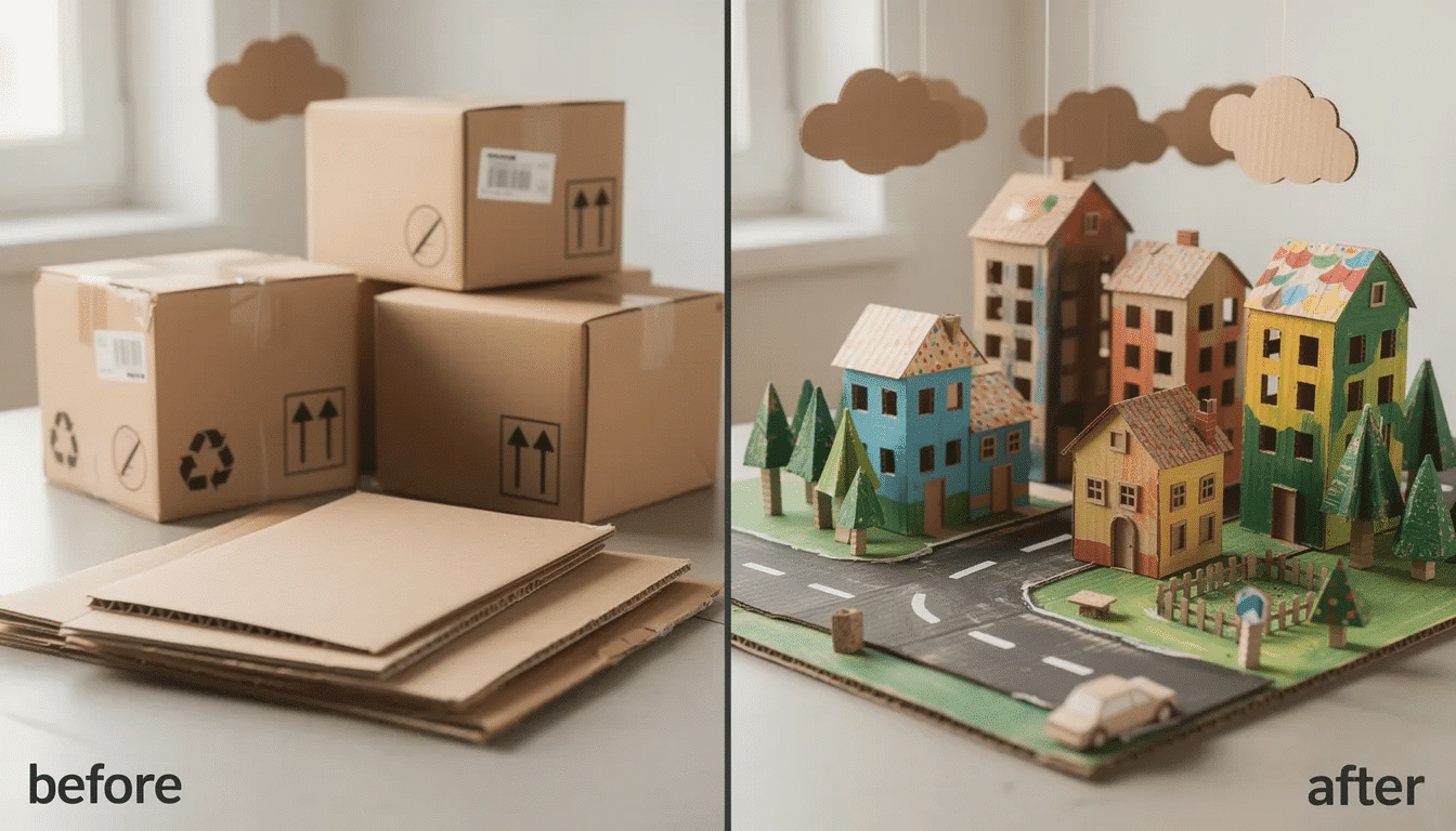 The image showcases a before and after comparison of recycled cardboard boxes transformed into a beautifully decorated miniature city, highlighting the creativity involved in DIY crafts. The vibrant details and patterns in the after image illustrate how simple materials can be turned into a fun project for kids and adults alike, perfect for family activities.