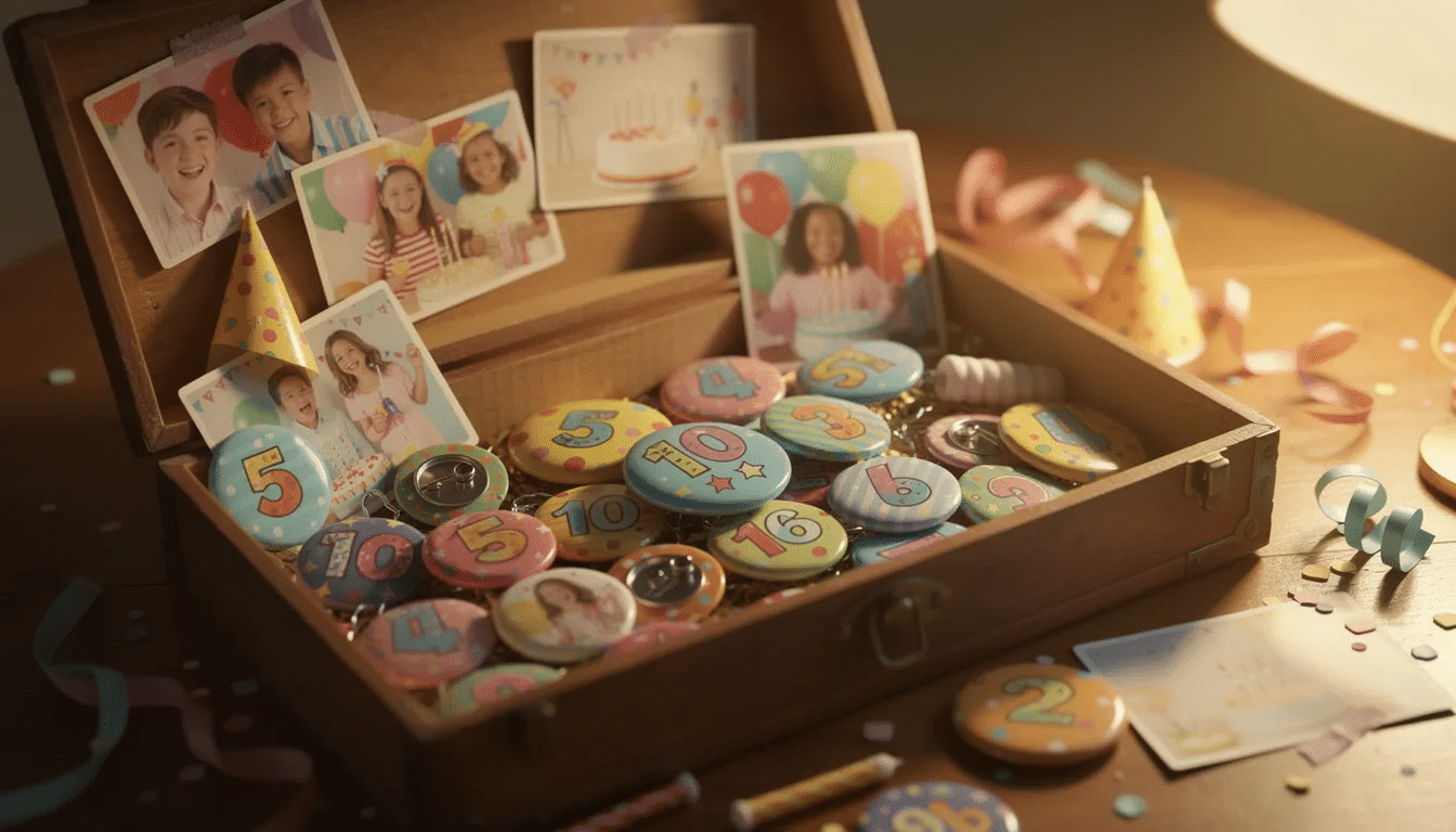 7a1af813-e4ad-4500-9540-2c392d80b053 A memory box showcases a collection of colorful handmade birthday badges, including those for the birthday boy and birthday girl, alongside photographs and party mementos. The badges feature intricate details and vibrant colors, perfect for preserving memories of special celebrations.