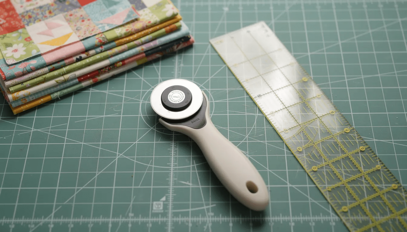 7a35c966-3b5a-41aa-baee-5eb55e6ee139 The image features a rotary cutter resting on a green cutting mat, surrounded by colorful fabric and a ruler, showcasing essential sewing tools for precision cutting in various sewing projects. This setup highlights the importance of having the right tools, like a rotary cutter and cutting mat, for accurate measurements and straight cuts in your sewing journey.