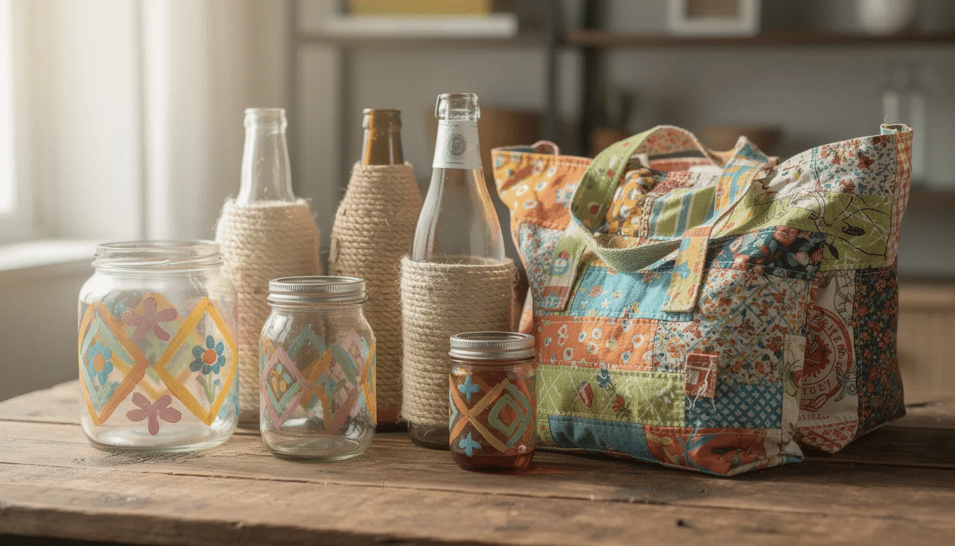 7b7b12dd-bafd-4cf9-a249-e92dce3a5b05 The image showcases a vibrant collection of upcycled home items, including painted glass jars, rope-wrapped vases, and fabric bags, all arranged on a rustic wooden table. This display exemplifies creative upcycling ideas and DIY projects that embrace sustainable living and transform old items into chic decor.