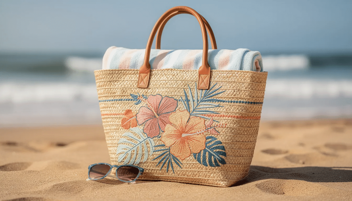 The image features a stylish embroidered beach bag, showcasing vibrant colors and unique designs that make it perfect for summer outings. This personalized beach tote is ideal for carrying essentials to the beach or pool, combining fun with functionality.