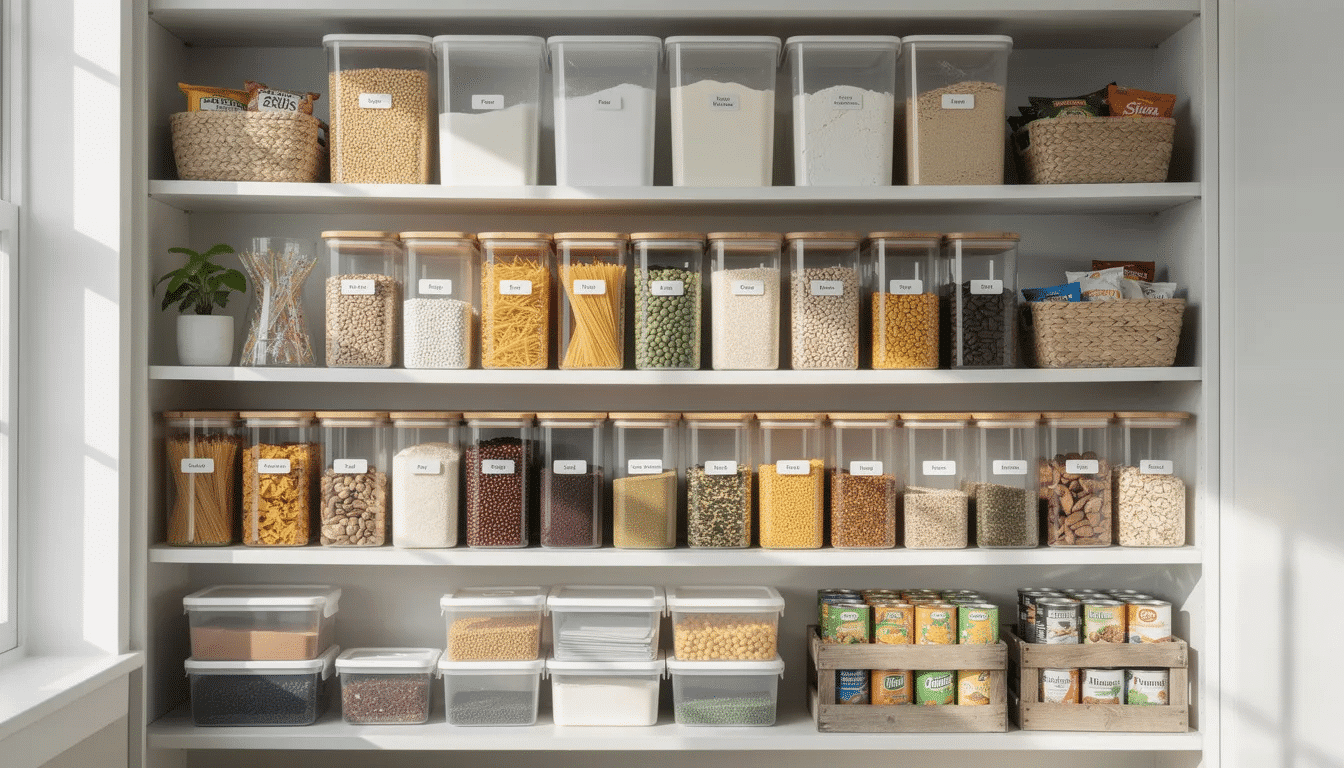 7d4497fc-057a-422e-81f1-ebe8bb309eba The image depicts an organized home pantry featuring refillable containers and reusable glass jars, showcasing a commitment to sustainable living and waste reduction. This setup not only conserves natural resources but also promotes recycling and the creative reuse of materials, contributing to a more sustainable future.