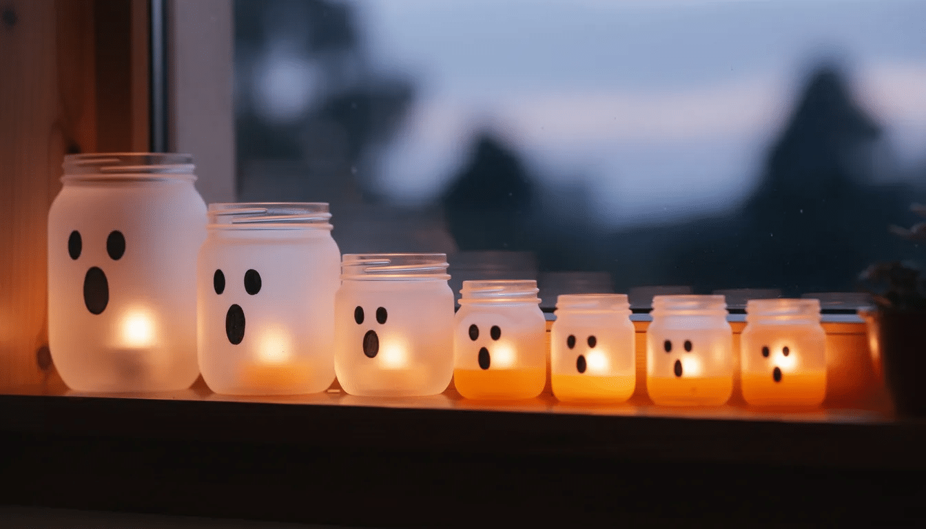 A collection of glowing white ghost lanterns made from jars is arranged on a windowsill, casting a soft light at dusk. These cute and easy crafts create a whimsical atmosphere, perfect for adding a touch of creativity to your home decor.