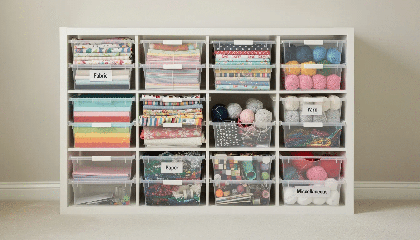 7fafacd1-3f5b-47dc-b465-8858f5acb886 The image features an organized shelving unit filled with clear bins, each labeled for different craft materials such as fabric, paper, yarn, and miscellaneous supplies, promoting creative reuse and sustainability within a community craft space. This setup encourages community engagement and provides affordable access to usable materials for artists and crafters.