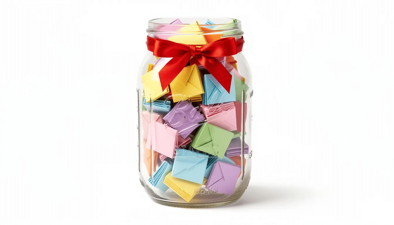 A clear glass mason jar is adorned with a bright red ribbon and filled with colorful folded paper notes, making it a charming DIY Christmas gift idea for grandparents. This simple project captures the spirit of the holidays, perfect for sharing heartfelt messages with loved ones.