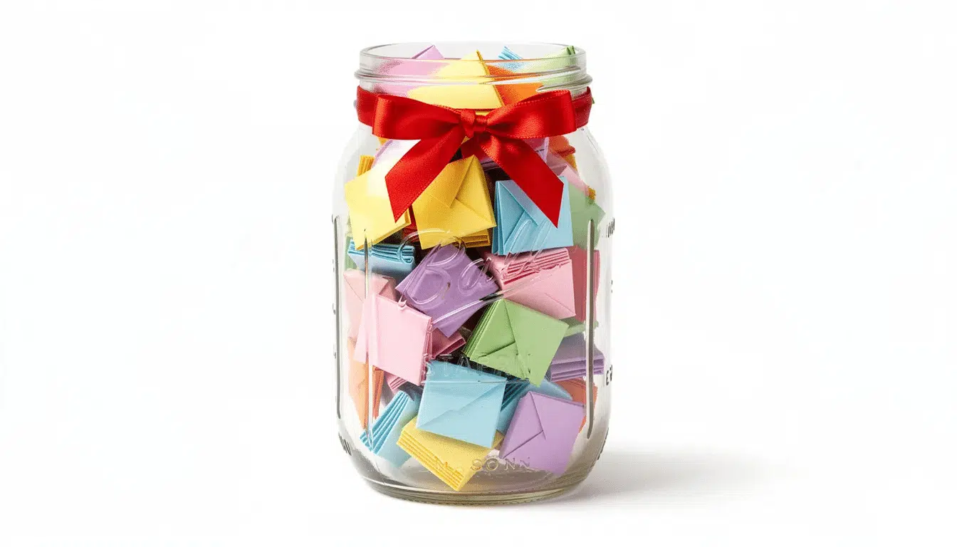A clear glass mason jar is adorned with a bright red ribbon and filled with colorful folded paper notes, making it a charming DIY Christmas gift idea for grandparents. This simple project captures the spirit of the holidays, perfect for sharing heartfelt messages with loved ones.