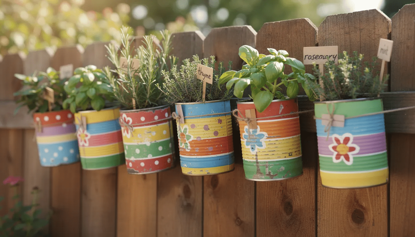The image features a row of colorful painted tin cans repurposed as planters, hanging on a rustic wooden fence, with fresh herbs growing inside. This creative upcycling project adds charm to the outdoor space, showcasing beautiful items made from old materials.