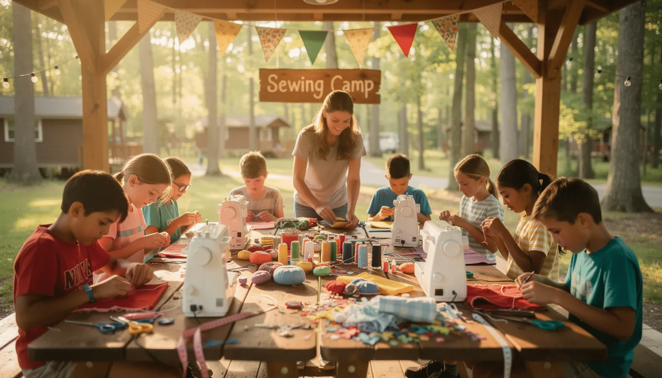 83136e88-44d4-4afc-aa39-fcbabdafe97d A vibrant scene from a sewing camp showcases kids engaged in various sewing projects, working together with excitement as they learn the basics of hand sewing. The atmosphere is filled with creativity and friendship, as students of different ages enhance their life skills and problem-solving abilities through fun workshops and classes.