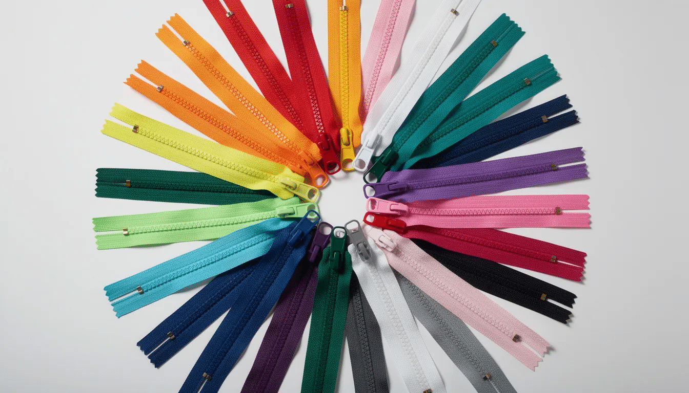 The image features a vibrant assortment of colorful zippers arranged in a fan pattern, showcasing various hues and sizes that can enhance any sewing project. This visual could inspire those looking to improve their sewing skills and explore new techniques in garment making.