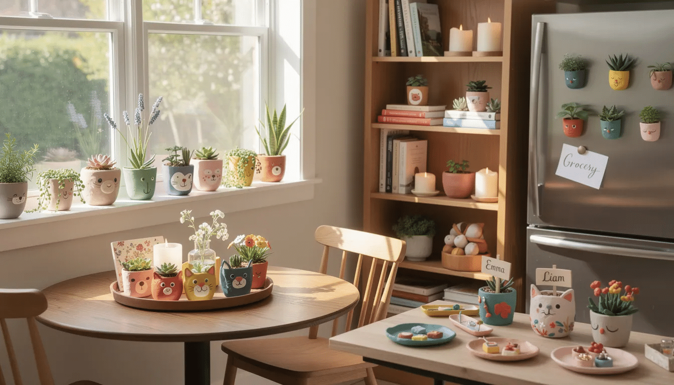 8531ceed-5fe6-4f5a-9461-807f2034293e The image showcases a variety of mini air dry clay planters, each uniquely designed, arranged in a cozy setting on a windowsill. These charming planters, featuring soft pastel colors and intricate textures, serve as delightful decor accents, perfect for displaying small plants or flowers throughout the home.