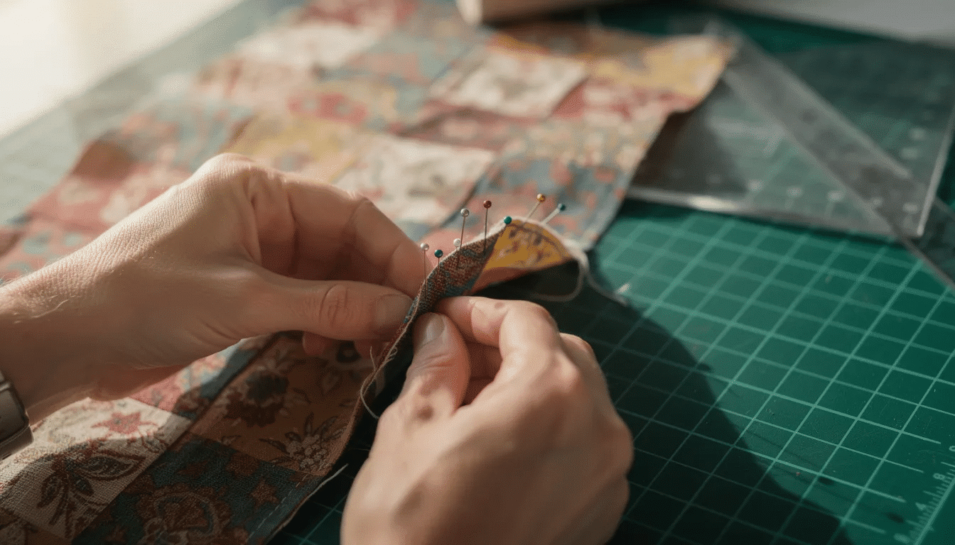 8589838a-cb8d-4593-a43c-ee82595efefd A pair of hands is skillfully pinning fabric pieces together on a cutting mat, preparing for a sewing project that could lead to creating custom fit garments. This process highlights the valuable skill of sewing your own clothes, which can save money and allow for personal style expression.