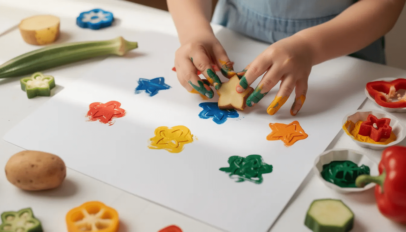 89b5152c-5221-4c31-8f15-73d508c7191d A child's hands are pressing colorful vegetable stamps into vibrant paint on a sheet of white paper, engaging in a fun and creative preschool learning activity that helps develop fine motor skills. This hands-on experience allows children to explore colors and create patterns while enjoying screen-free play at home.