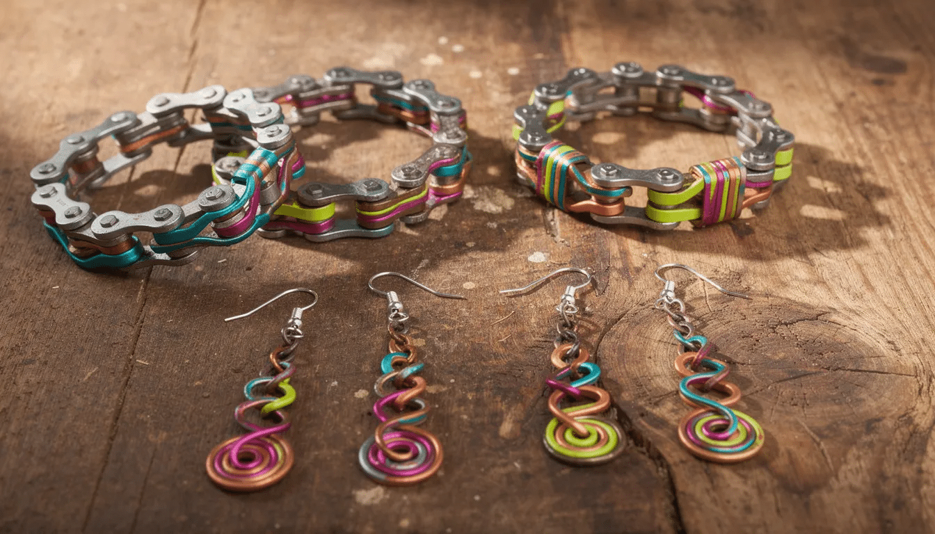 The image features a collection of handmade bracelets and earrings crafted from bicycle chain links and colorful wire, elegantly displayed on a wooden surface. These unique upcycling projects showcase creative ways to transform old materials into beautiful items.