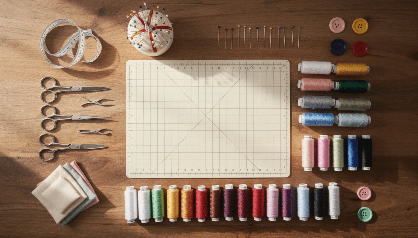 8a9a3fcd-4854-40ed-936f-02634f584e35 The image features an organized array of essential sewing supplies on a wooden table, including a pair of fabric scissors, colorful thread spools, and sewing pins, all neatly arranged for a seamless sewing journey. This setup showcases various sewing tools that are vital for any sewing project, ensuring precision and ease in cutting fabric and stitching.
