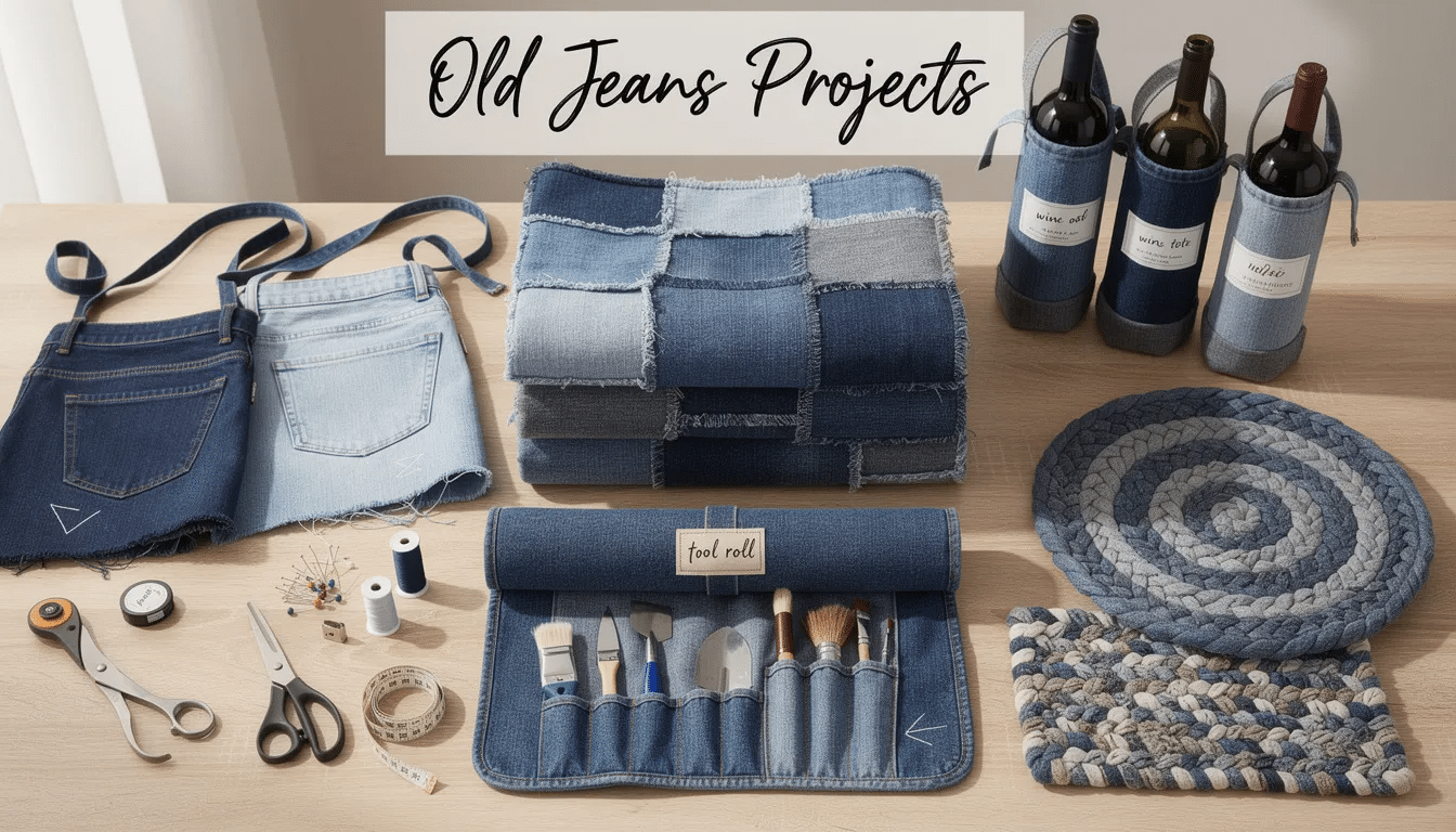 8af16613-87cf-4b21-9c25-cdaecd1cde64 The image showcases various upcycling projects made from old jeans, including cozy quilts, practical aprons, sturdy wine totes, and colorful rag rugs. Each project highlights creative ways to repurpose denim, embracing sustainable changes while transforming worn-out items into beautiful, functional decor.