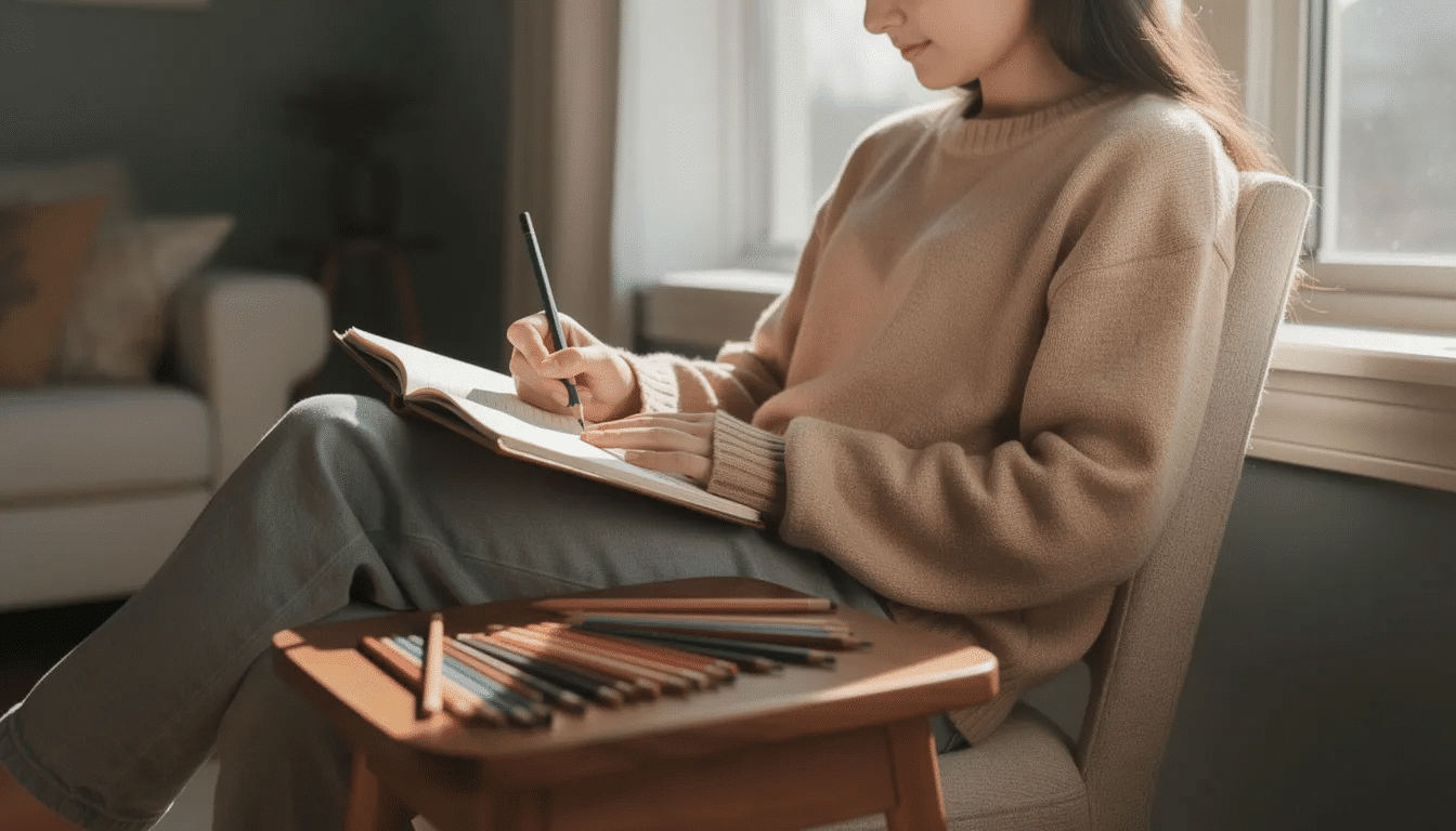 8b87306f-c876-426b-b505-1ea9124455db A young person sits peacefully, focused on drawing in a journal with colored pencils, engaging in a creative process that nurtures their imagination and fine motor skills. This activity serves as a fun way to explore new ideas and develop artistic techniques, reflecting the joy of creative workshop ideas for youth.